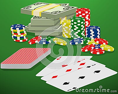 Playing cards, casino chips and bundle of money on a green gambling table. Blackjack, card deck and cash winnings. Vector Illustration