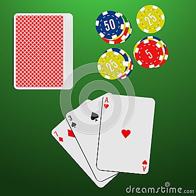 Playing cards and casino chips on a green gambling table. Blackjack game combination. Vector Illustration