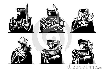 Playing cards characters in black and white vintage engraving stile Vector Illustration