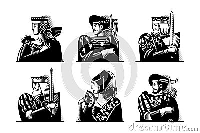 Playing cards characters in black and white vintage engraving stile Vector Illustration