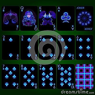 Playing cards series Neon Zodiac signs . Club suit playing cards full set. Vector Illustration