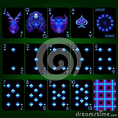 Playing cards series Neon Zodiac signs . Spade suit playing cards full set. Vector Illustration