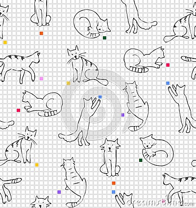 Playing cats drawing on paper in line squares Stock Photo