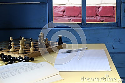 Playing chess in the house. Reading a book. Notebook entries Stock Photo