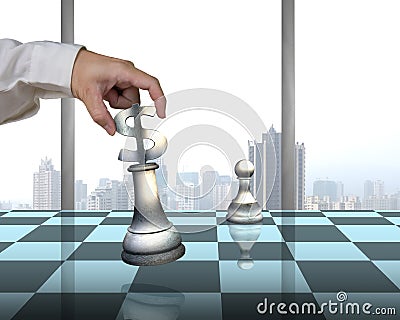 Playing chess with usd symbol piece, pawn and city view Stock Photo