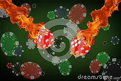 Playing chips and fire dice flying at the poker table Stock Photo