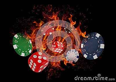 Playing dices and casino chips on fire. poker concept Stock Photo