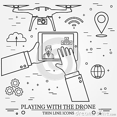 Playing with the drone, copter. Remote Control with Mobile Phon Vector Illustration