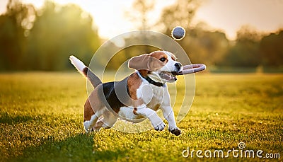 Playing fetch with agile dog. Playing fetch with agile Beagle dog Stock Photo