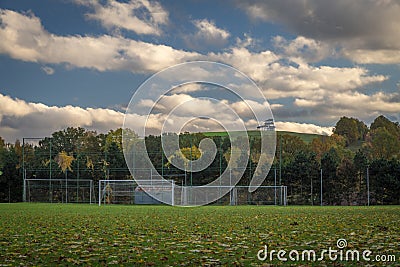 Playing field with green grass in autumn color evening in Bludov CZ 11 04 2023 Editorial Stock Photo