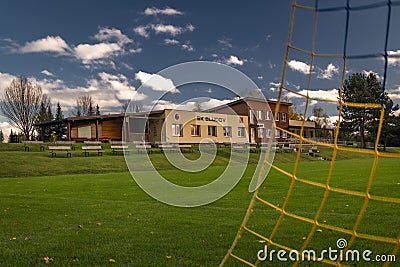 Playing field with green grass in autumn color evening in Bludov CZ 11 04 2023 Editorial Stock Photo