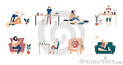 Playing guitar, eating sushi, surfing internet, listening to music, reading books, cooking. Bundle of young men and Vector Illustration