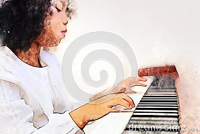 Playing keyboard of the piano foreground Watercolor painting background and Digital illustration brush to art. Cartoon Illustration