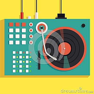 Playing mixing music on vinyl turntable. Vector flat illustration Vector Illustration