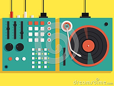 Playing mixing music on vinyl turntable. Vector flat illustration Vector Illustration