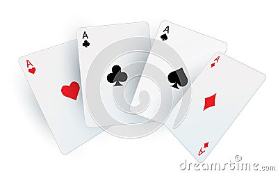 Playing poker cards. Realistic fan of aces. Square white cardboards. Black and red suit signs. Equipment for casino Vector Illustration