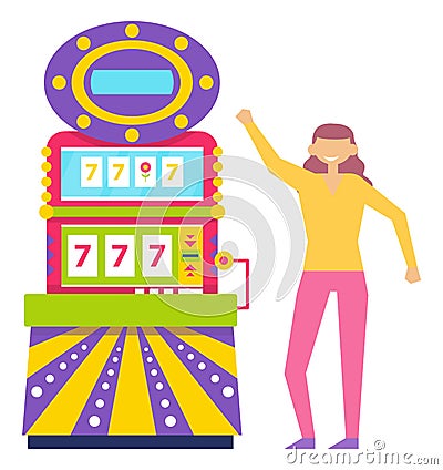 Happy Gambler with Slot Machine Casino Player Vector Illustration