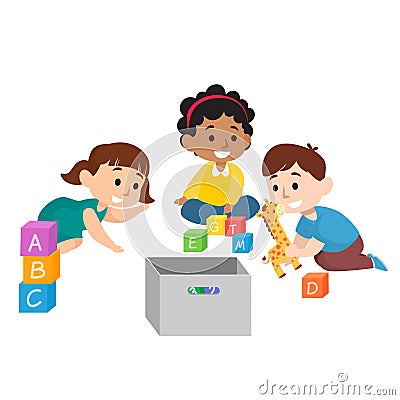 Cute children diversity playing with toys and dolls Vector Illustration