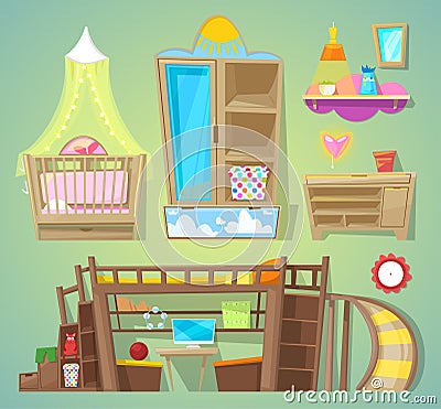 Playroom vector children furniture bed in furnished interior of babyroom illustration set of furnishings design for kids Vector Illustration