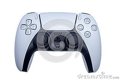 Playstation 5 game controller isolated on white background. Black and white joystick of the gaming playstation five. Sony ps5 Editorial Stock Photo