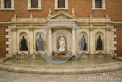 Plaza colegio del patriarca in town Valencia. Fountain. Editorial Stock Photo