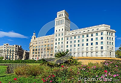 Plaza de Cataluna Catalonia Square with the building of El Corte Ingles in Barcelona Editorial Stock Photo