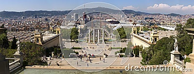 Plaza de Espana and Venetian towers on Montjuic in Barcelona in Spain. Placa Espanya is one of the most important and well-known s Editorial Stock Photo