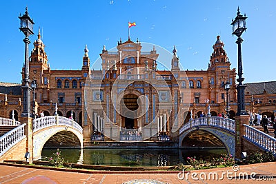 Plaza de EspaÃ±a beautiful work of architecture most spectacular famous square in Seville spanish city Editorial Stock Photo