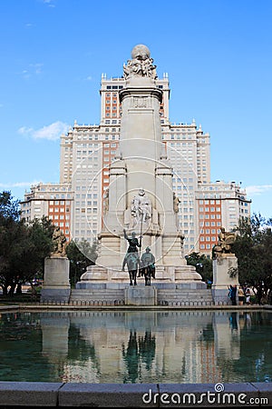 Plaza de EspaÃ±a, monument to Miguel de Cervantes in Madrid, Spain Editorial Stock Photo