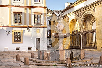 Plaza del Potro with a fountain crowned with a foal and a coat of arms in the Old Town Cordoba, Andalusia, Spain Stock Photo