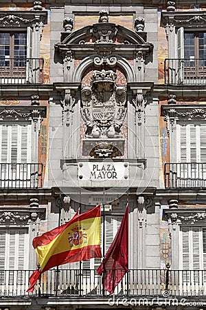 Plaza Mayor - Detail of historic tenement house facade Casa de la Panaderia in Madrid Stock Photo