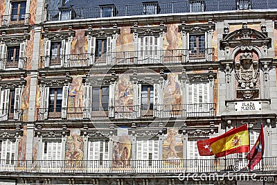 Plaza Mayor - Detail of historic tenement house facade Casa de la Panaderia in Madrid Stock Photo