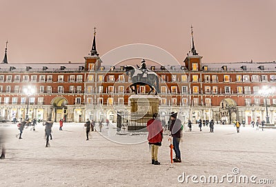 Plaza Mayor in Madrid on a cold winter night Editorial Stock Photo