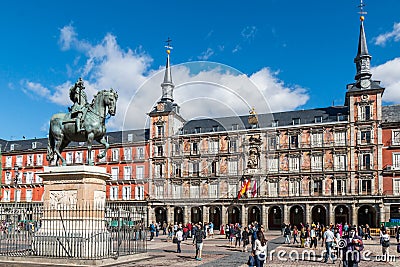 Casa de la PanaderÃ­a and statue of King Philip III, Madrid, Spain Editorial Stock Photo
