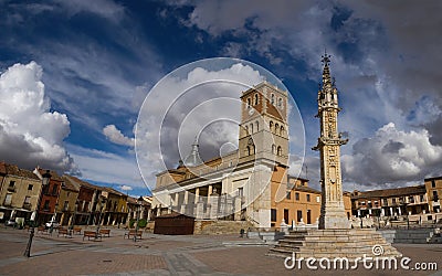 Plaza of Villalon de Campos with the Rollo and the Church Stock Photo