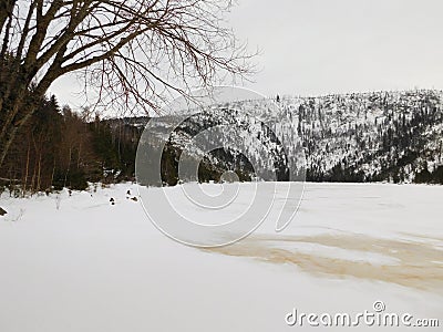 Plešné lake in the Šumava protected area and national park in czech republic winter time and frozen lake surface Stock Photo