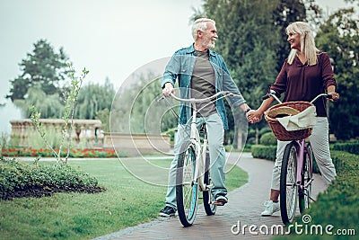 Pleasant aged couple holding their hands together Stock Photo