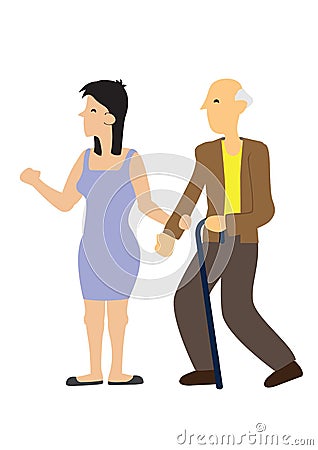 Pleasant caring woman helping an old man walking. Concept of a caring society Vector Illustration