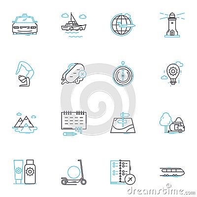 Pleasant excursion linear icons set. Serenity, Scenic, Tranquil, Relaxed, Sayonara, Exploring, Refreshment line vector Vector Illustration
