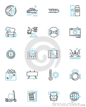Pleasant excursion linear icons set. Serenity, Scenic, Tranquil, Relaxed, Sayonara, Exploring, Refreshment line vector Vector Illustration