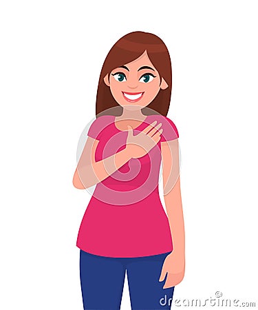 Pleasant looking kind hearted young woman keeps hand on chest, expresses gratitude, being thankful for help and support. Vector Illustration