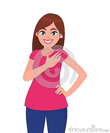 Pleasant looking kind hearted young woman keeps hand on chest, expresses gratitude, being thankful for help and support. Vector Illustration