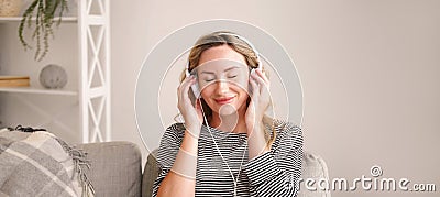 Pleasant music inspired woman stereo sound happy Stock Photo