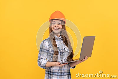 pleasant smile. building and construction. webinar. child worker wear hardhat. Stock Photo