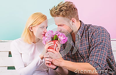 Pleasant surprise for lady. Bouquet favorite flowers as romantic gift. Man gives bouquet flowers to girlfriend Stock Photo