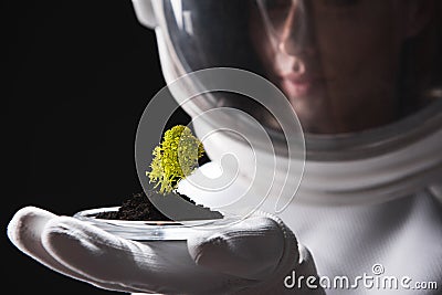 Pleasant woman cosmonaut is looking at new organism Stock Photo