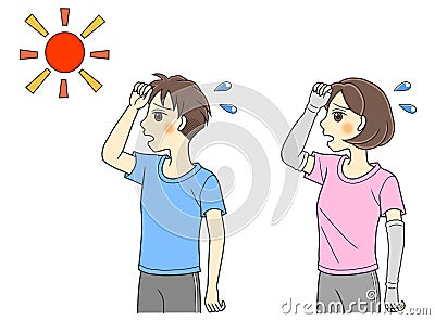 A young couple in T-shirts suffering from summer heat Stock Photo