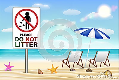 Please do not litter sign on sea sand beach Vector Illustration