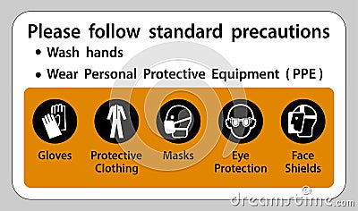 Please follow standard precautions ,Wash hands,Wear Personal Protective Equipment PPE,Gloves Protective Clothing Masks Eye Vector Illustration