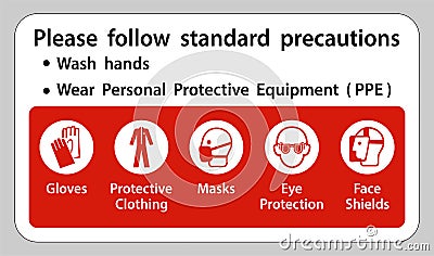 Please follow standard precautions ,Wash hands,Wear Personal Protective Equipment PPE,Gloves Protective Clothing Masks Eye Vector Illustration